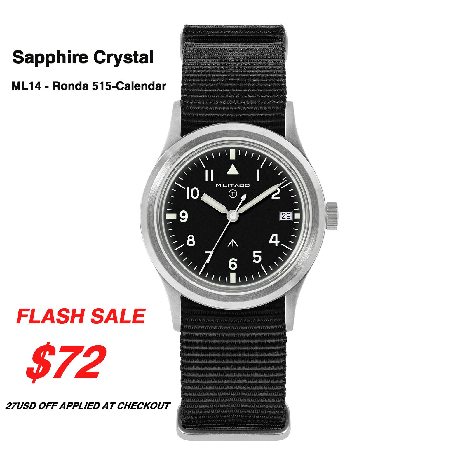 ★11.11 Sale★Militado 36mm Retro Military Watch VH31/VH65 Sweeping Hand ML14 V2