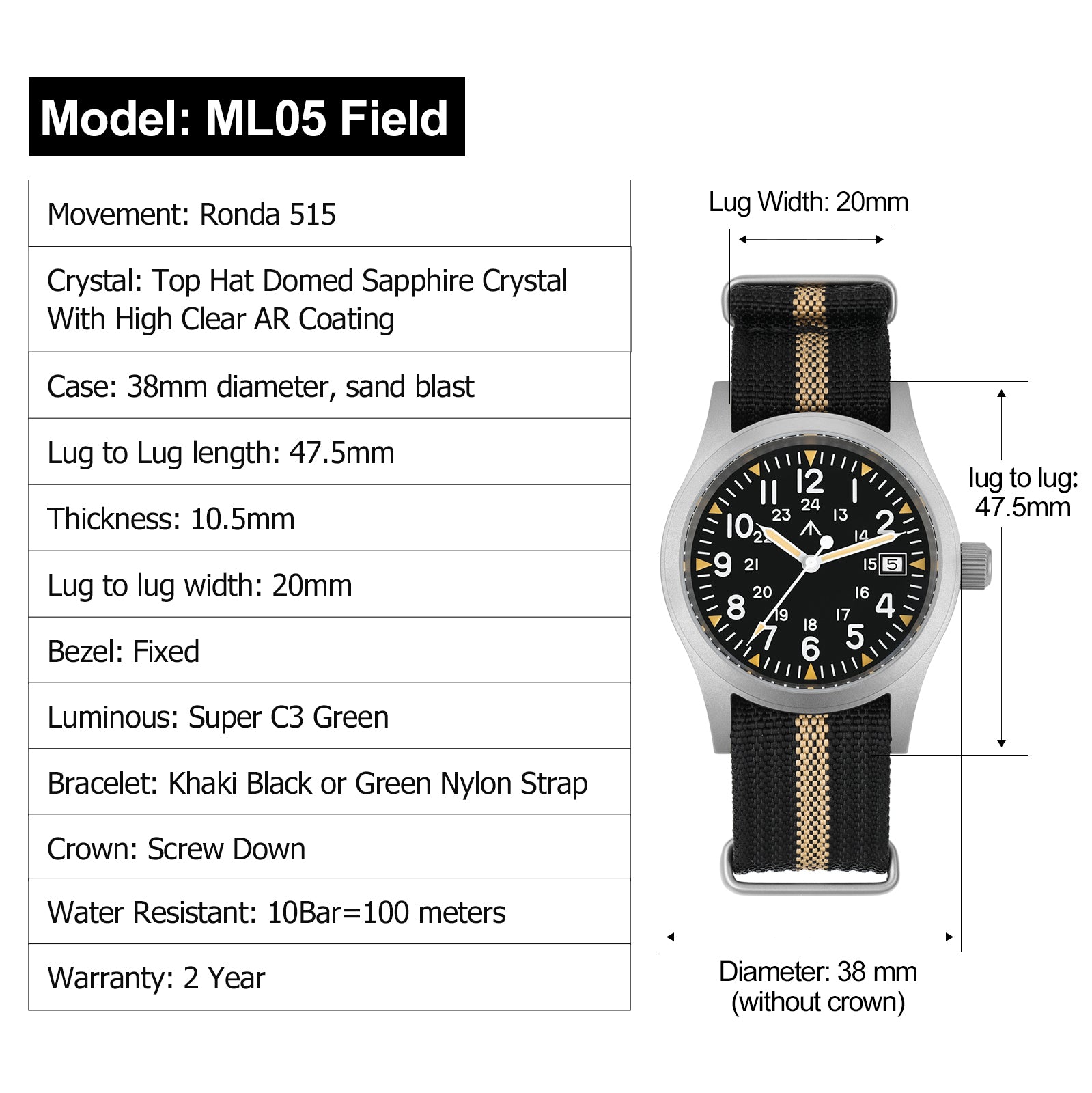 💥Spring Sale💥Militado 38mm Sapphire Crystal Field Military Watch ML05