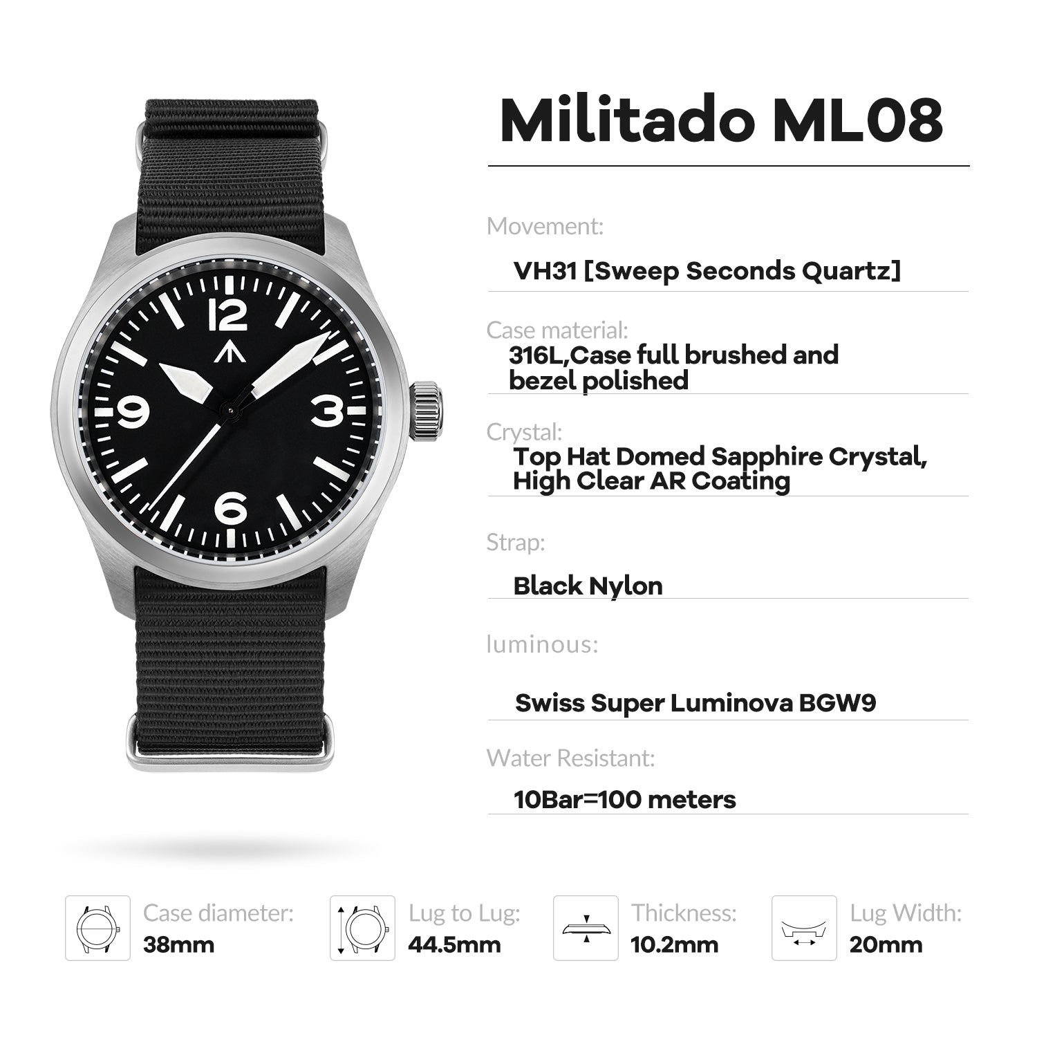 💥Spring Sale💥Militado 38mm Retro VH31 Military Watch ML08