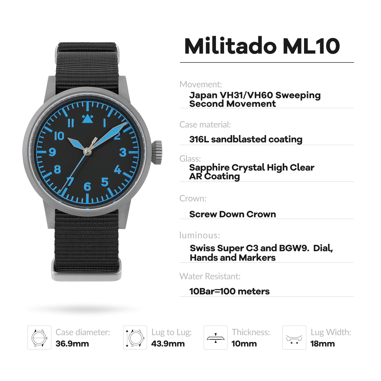 💥Spring Sale💥Militado 37mm Sapphire Crystal Retro Flieger Pilot Watch ML10 V2