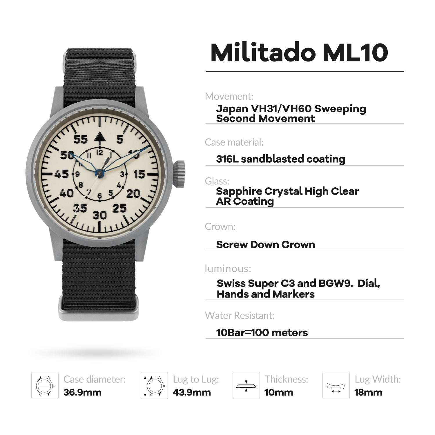 💥Spring Sale💥Militado 37mm Sapphire Crystal Retro Flieger Pilot Watch ML10 V2