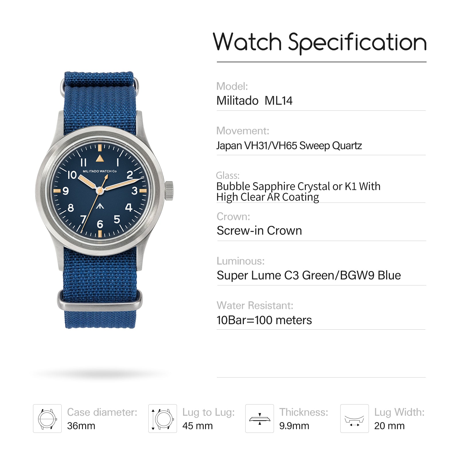 ★11.11 Sale★Militado 36mm Retro Military Watch VH31/VH65 Sweeping Hand ML14 V2