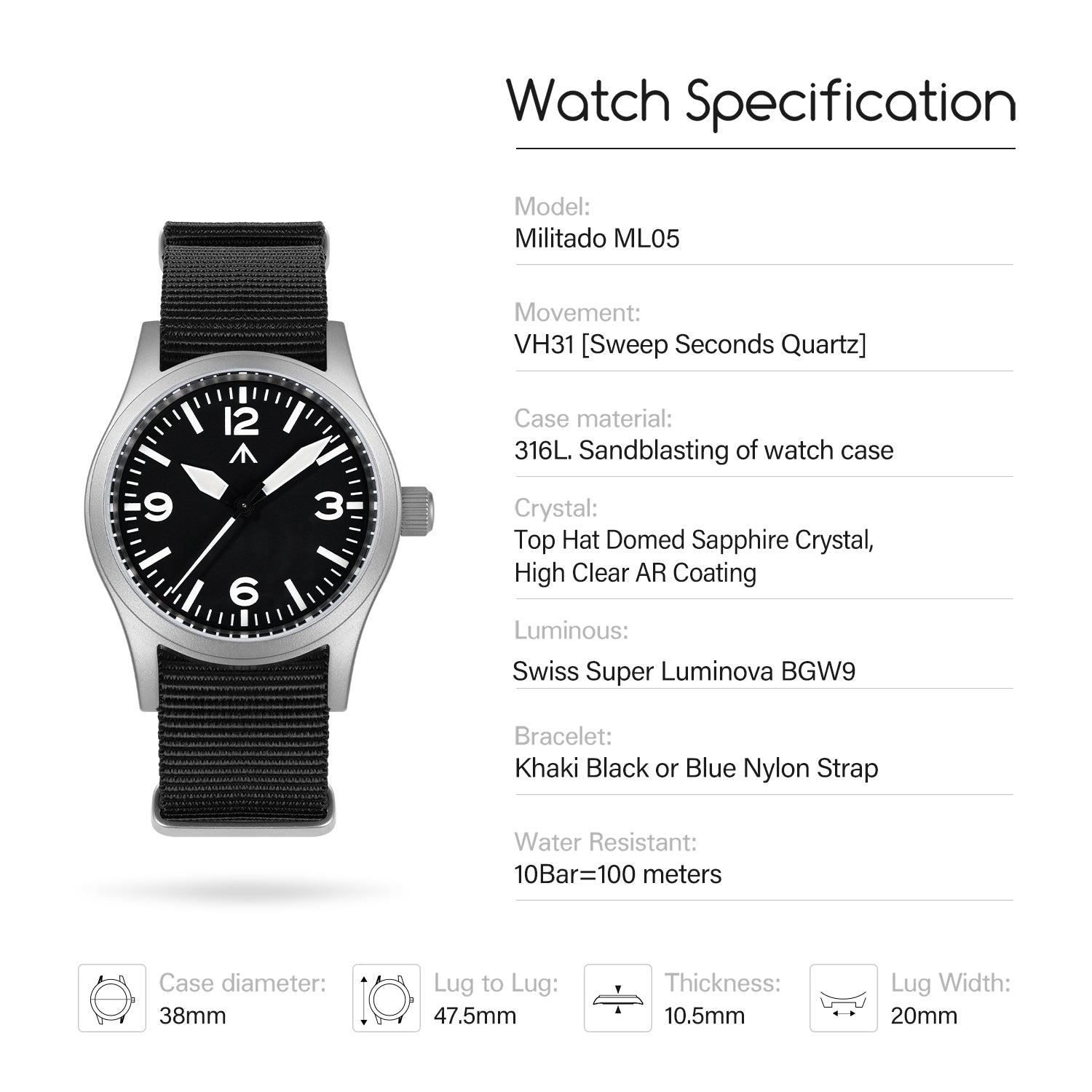 ★★11.11 SALE★★Militado 38mm Field Watch ML05 369 Dial