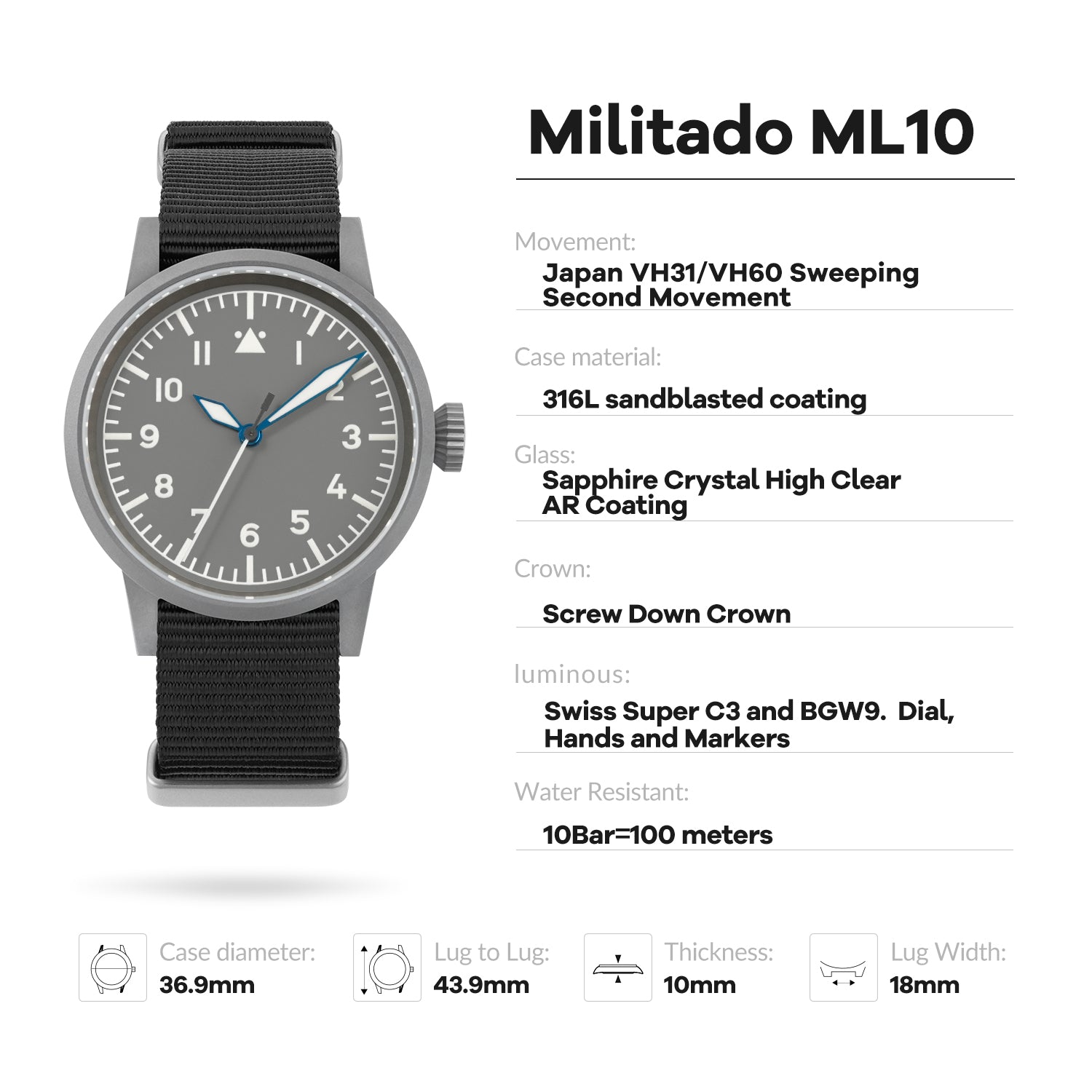 Militado 37mm Sapphire Crystal Retro Flieger Pilot Watch ML10 V2