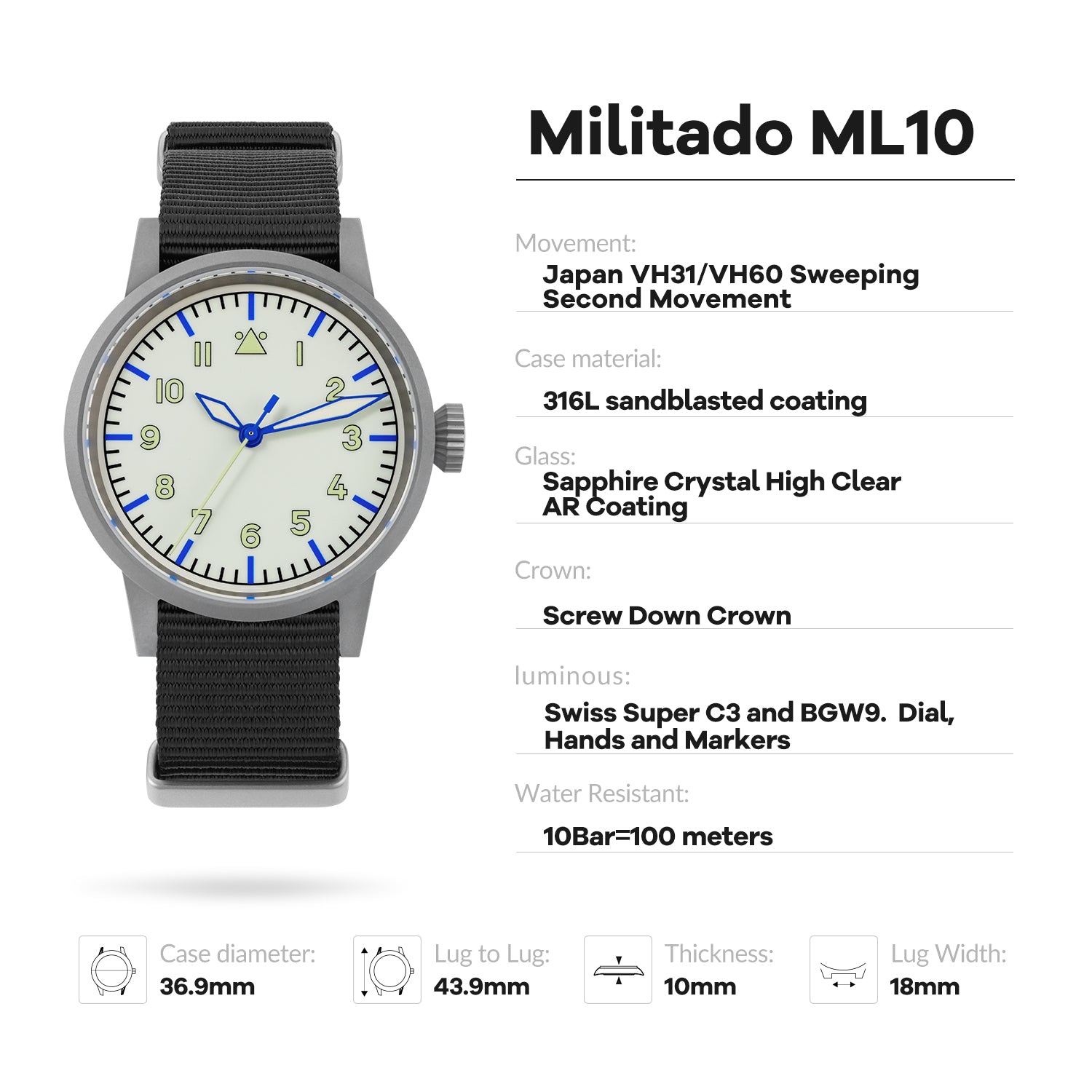 💥Spring Sale💥Militado 37mm Sapphire Crystal Retro Flieger Pilot Watch ML10 V2