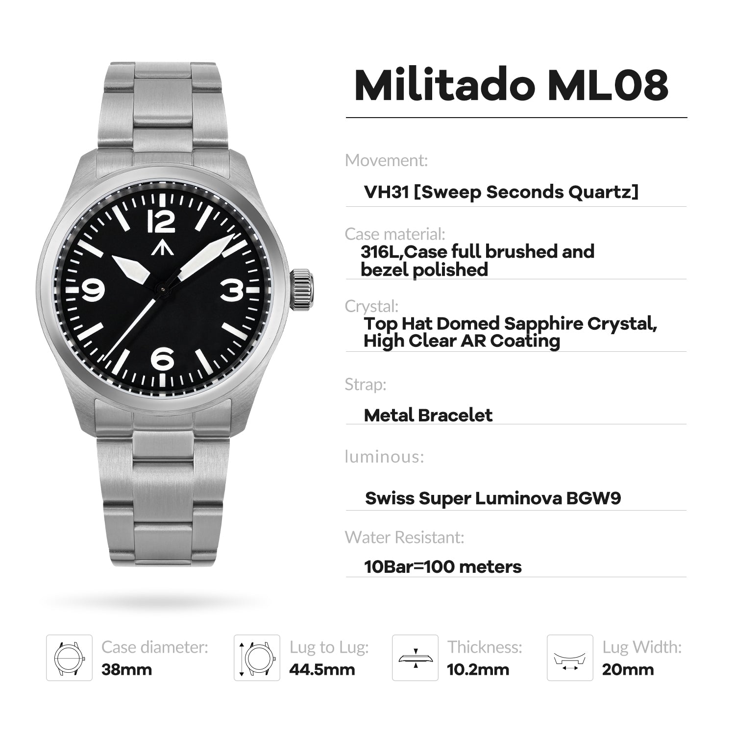 ★11.11 Sale★Militado 38mm Military Watch Vintage Field Watch 369 Dial ML08