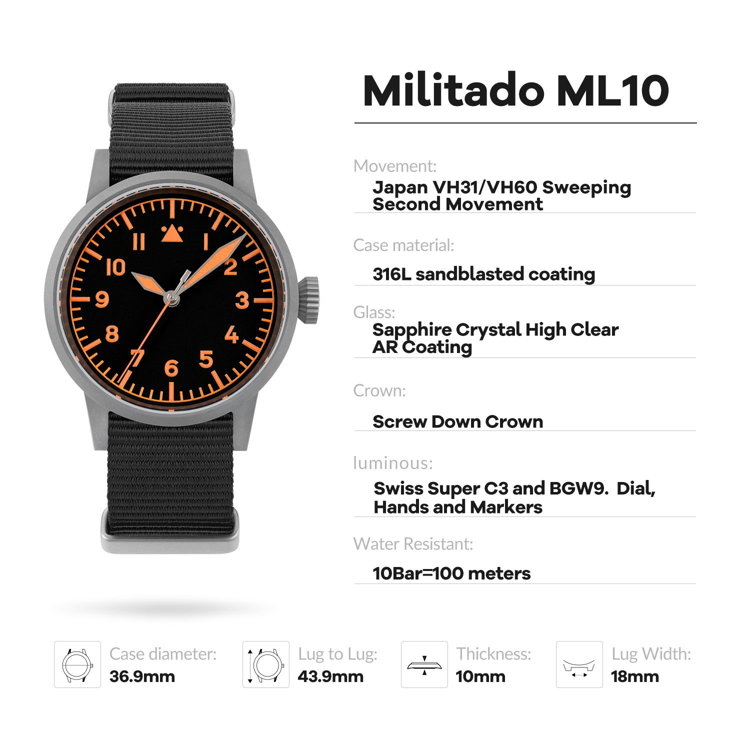 💥Spring Sale💥Militado 37mm Sapphire Crystal Retro Flieger Pilot Watch ML10 V2