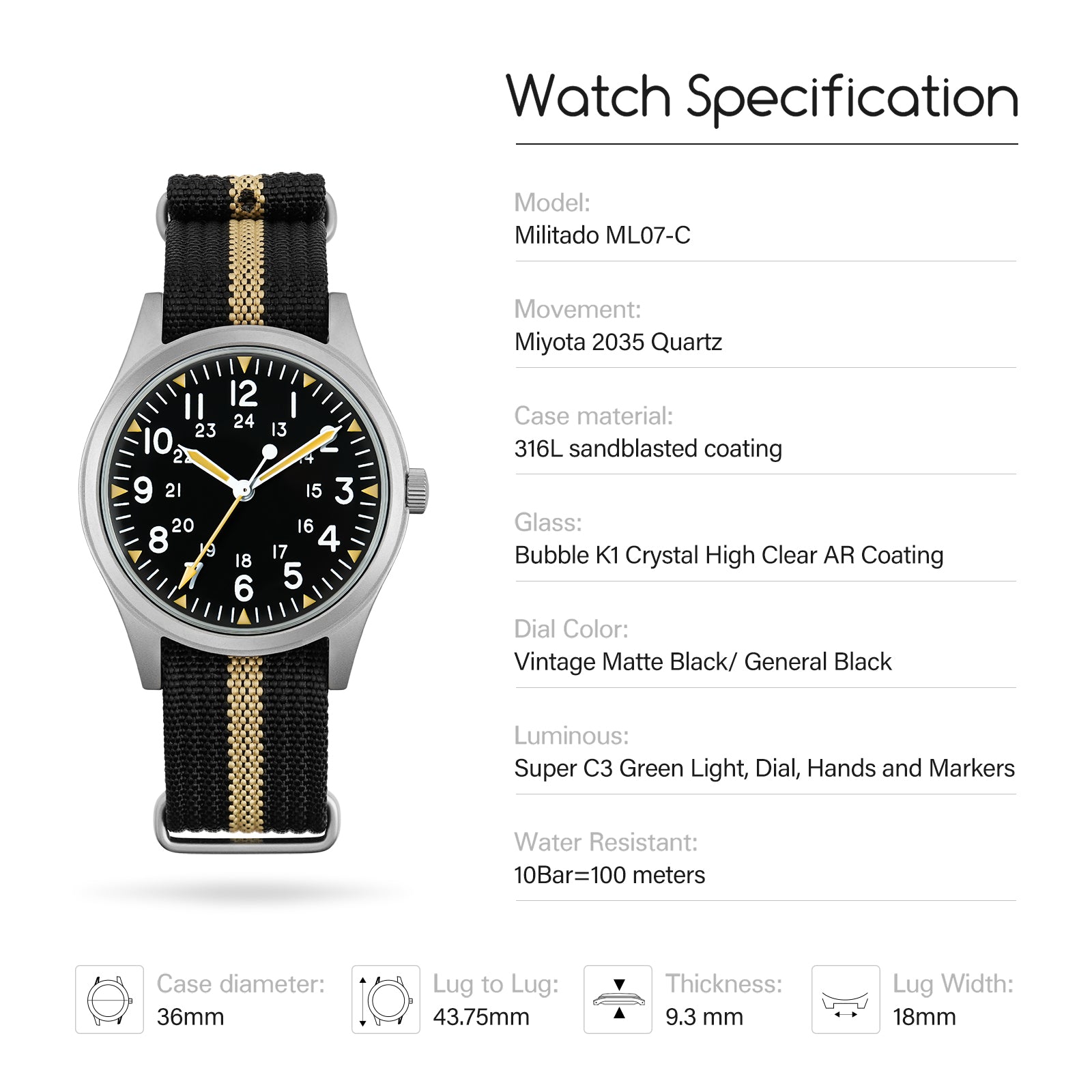 Militado 36mm Bubble Crystal Militady Watch Super 2035 Movt ML07C