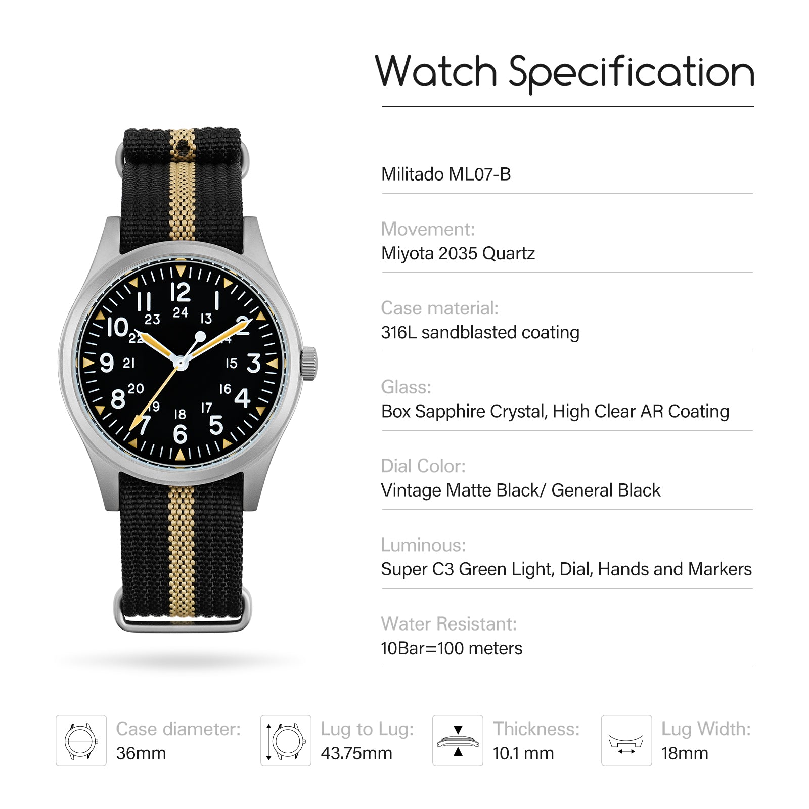 ★SuperOfertas ★Militado 36mm Reloj militar de campo color caqui