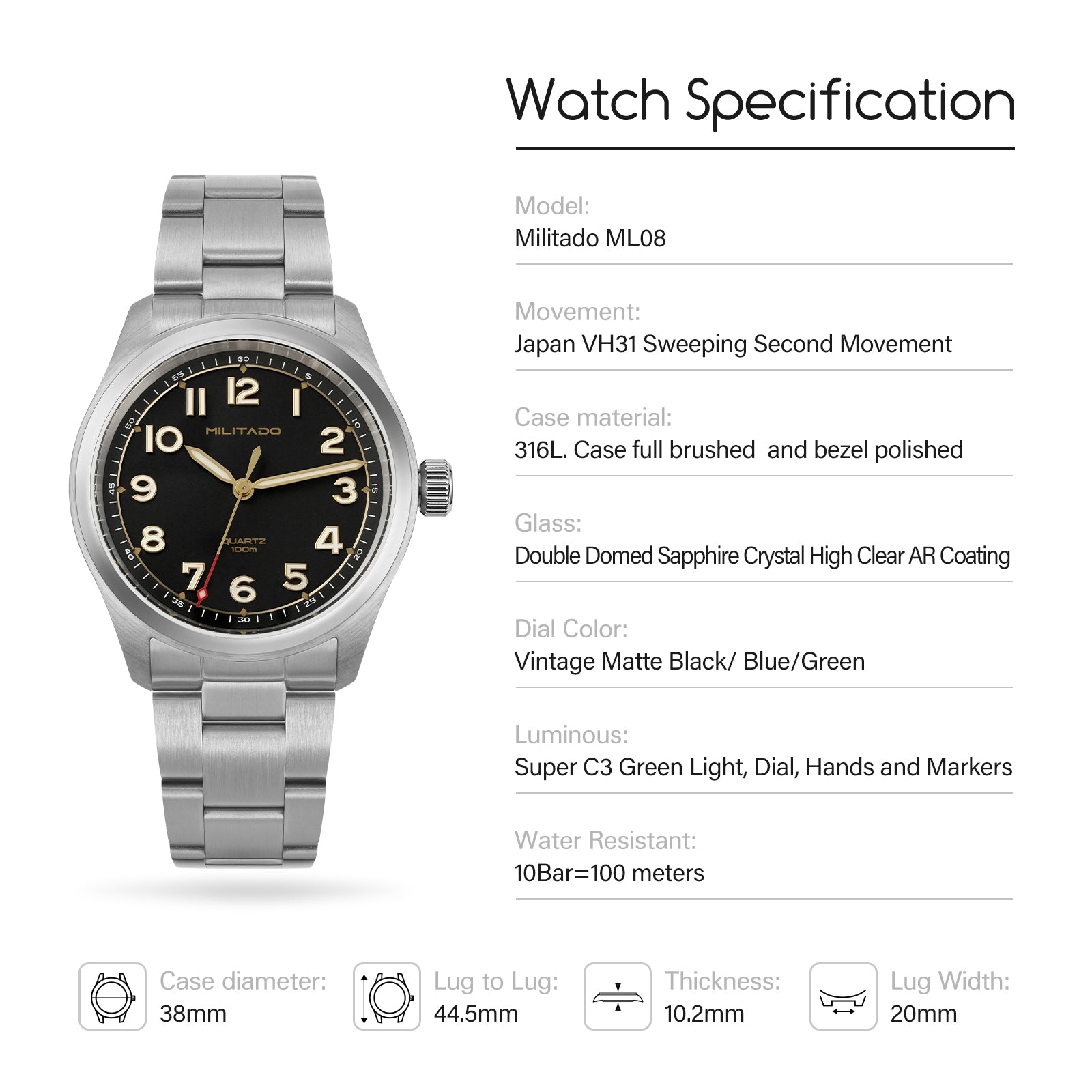 💥Mid-Year Sale💥Militado 38mm Military Watch Vintage Field Watch 369 Dial ML08