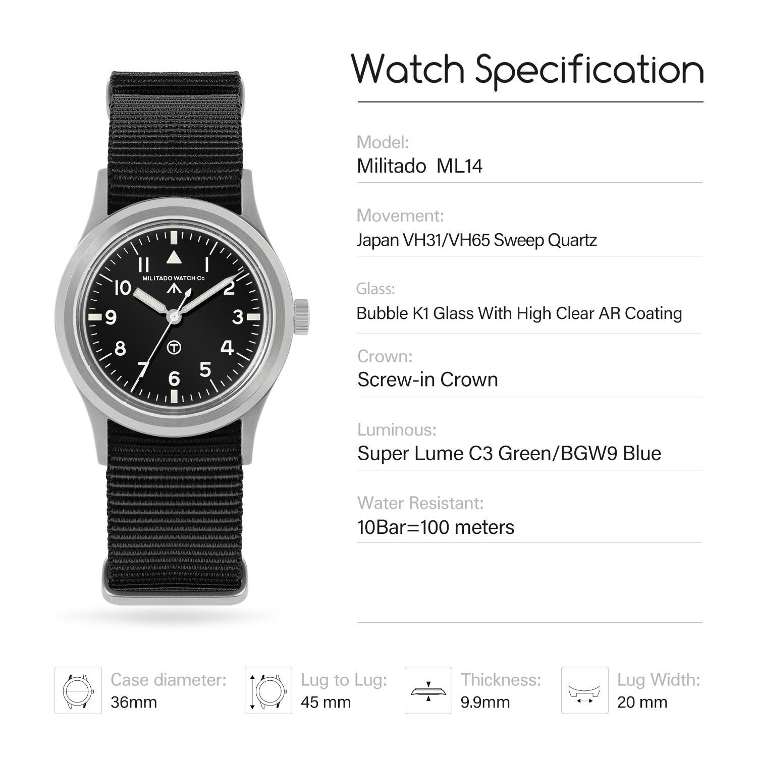 💥Spring Sale💥Militado 36mm Retro Military Watch VH31/VH65 Sweeping Hand ML14 V2