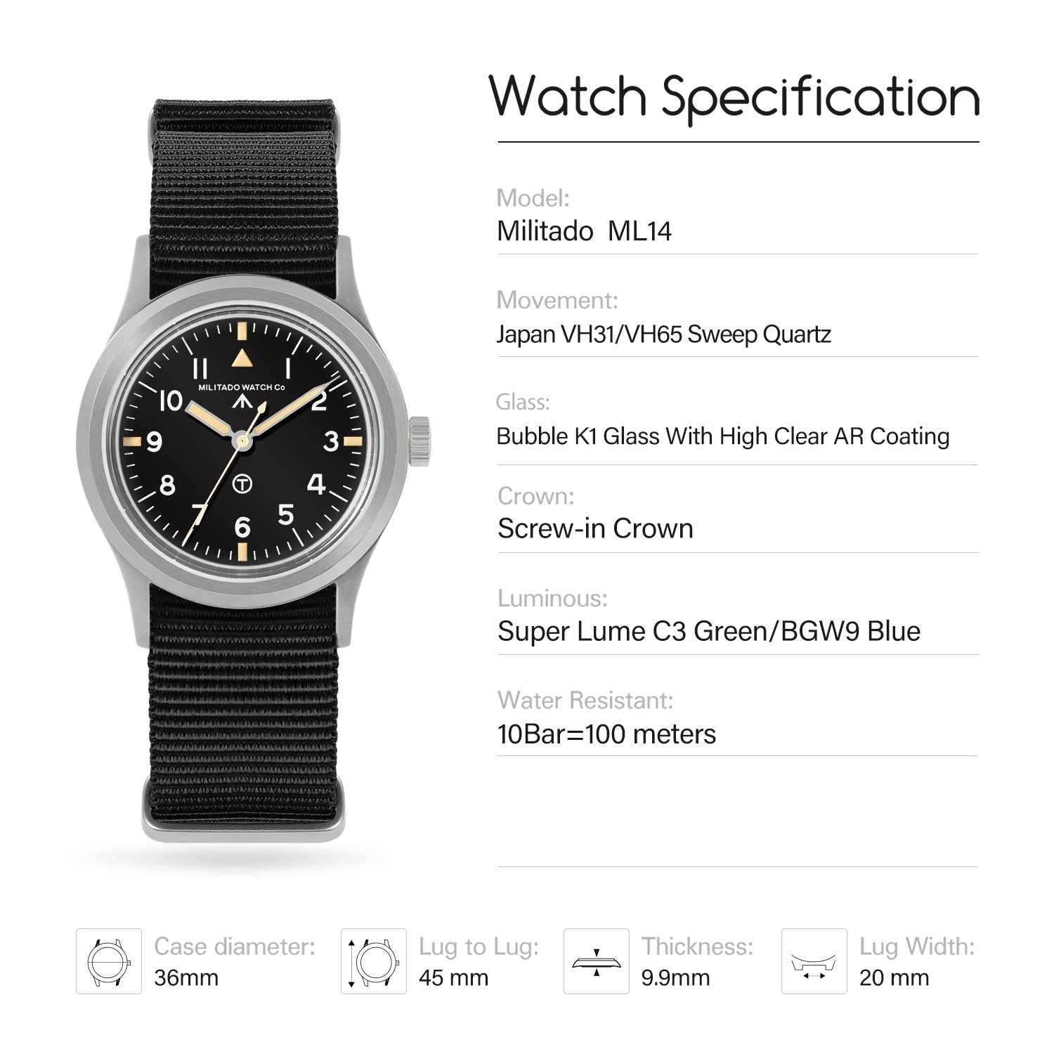 💥Spring Sale💥Militado 36mm Retro Military Watch VH31/VH65 Sweeping Hand ML14 V2