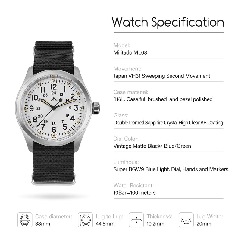 ★Flash Sale★Militado 38mm Military Watch Vintage Field Watch ML08