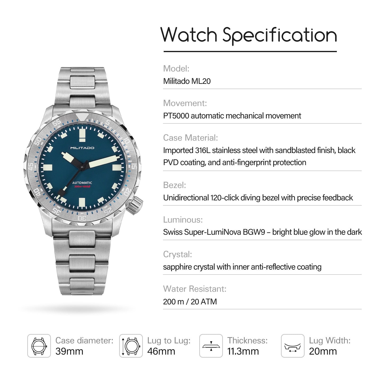 💥Spring Sale💥Militado 39mm Dive Watch PT5000 Automatic Mech Watch ML20