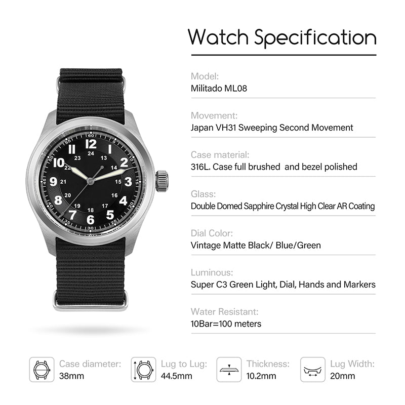 Militado 38mm Retro VH31 Military Watch ML08