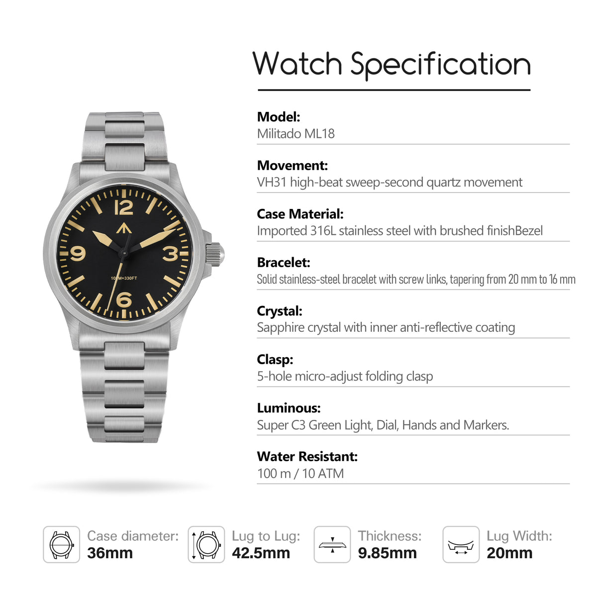 Militado 36mm Field Watch VH31 Sweeping Movt Men Watch ML18