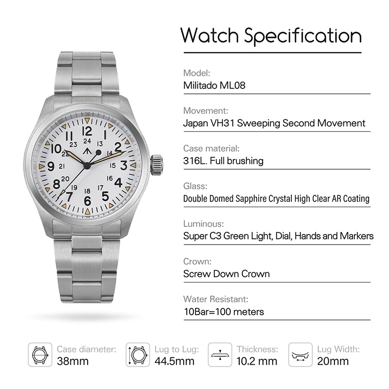 ★Flash Sale★Militado 38mm Military Watch Vintage Field Watch ML08