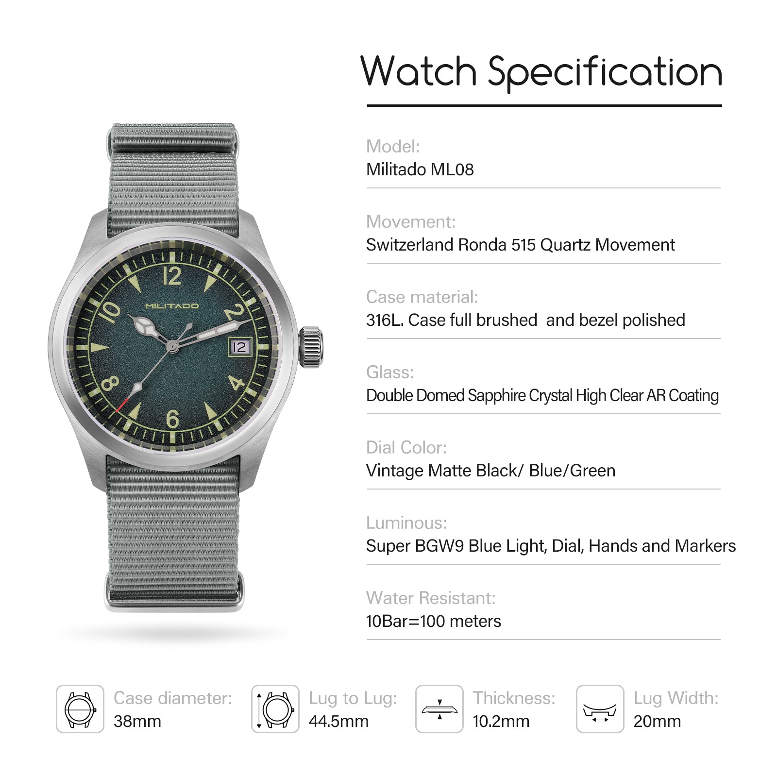 ★11.11 Sale★Militado 38mm Military Watch Vintage Field Watch 369 Dial ML08