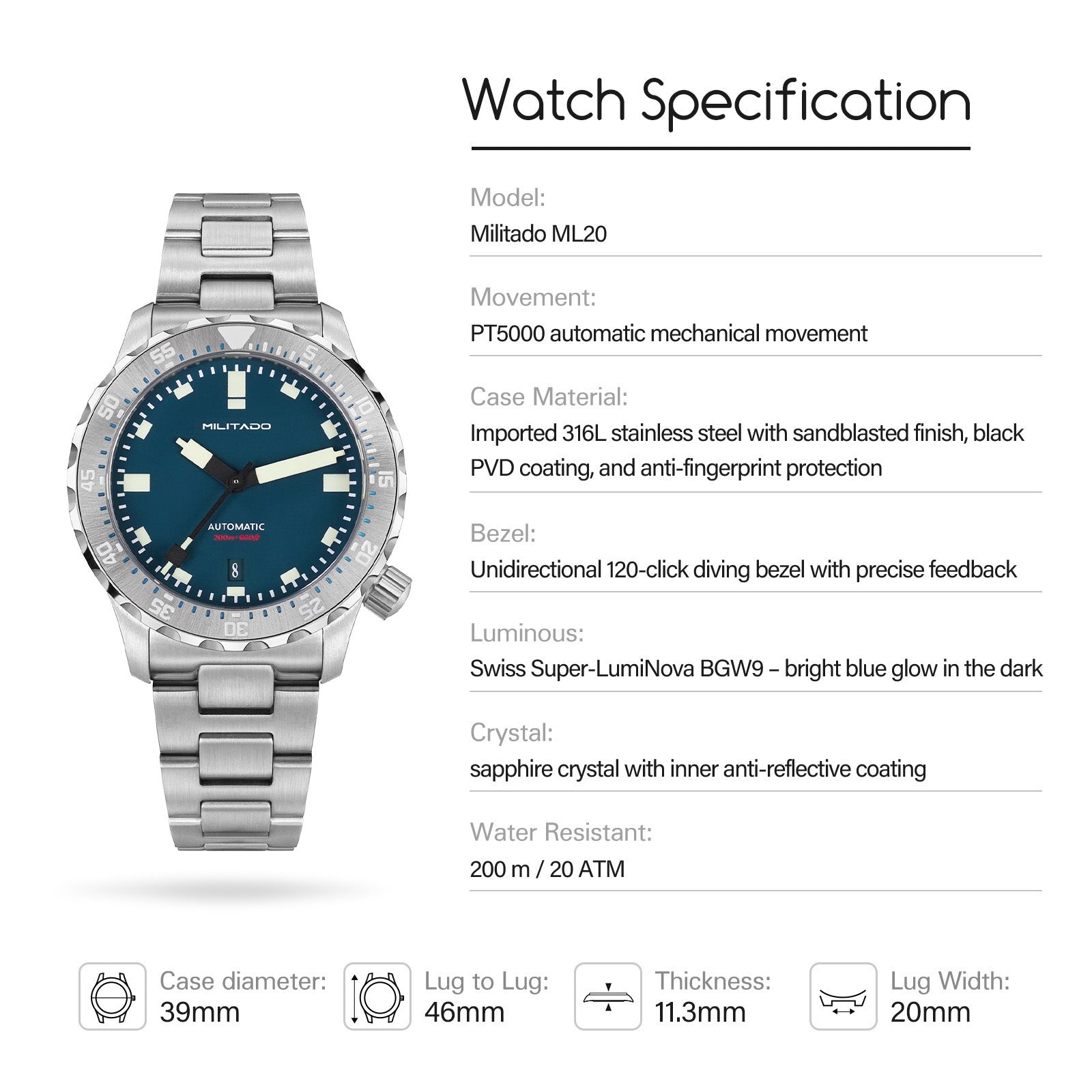 💥Spring Sale💥Militado 39mm Dive Watch PT5000 Automatic Mech Watch ML20