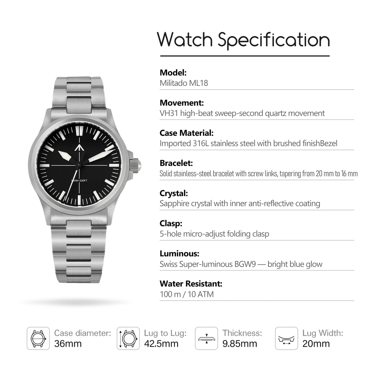 Militado 36mm Field Watch VH31 Sweeping Movt Men Watch ML18