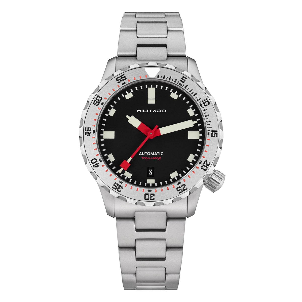 Militardo watch with silver bracelet and black dial on a white background