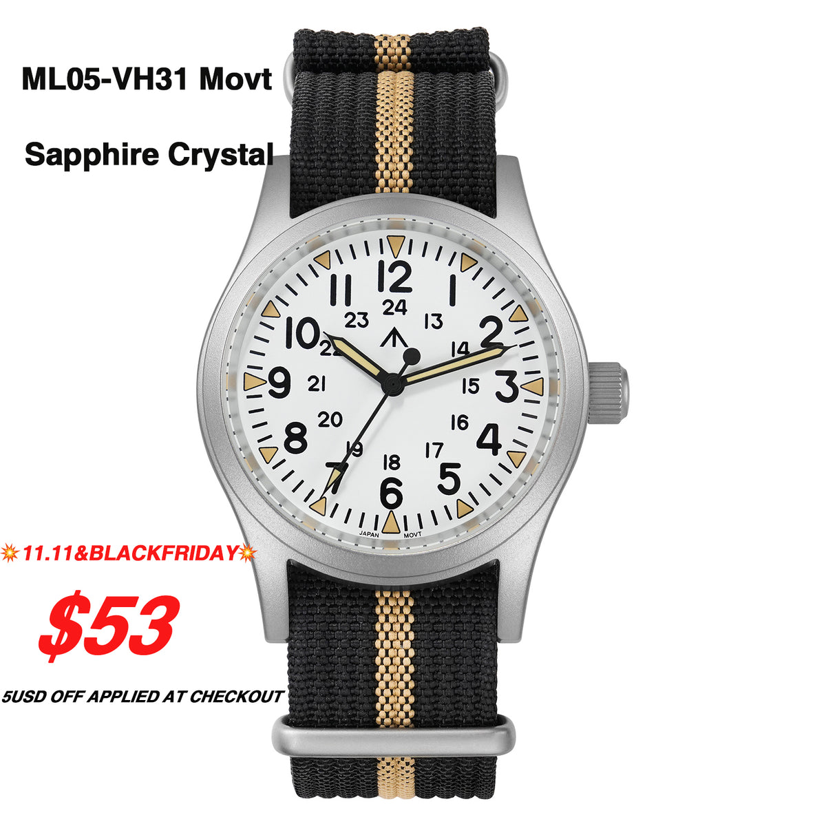 💥11.11&BlackFriday💥Militado VH31 Vintage Field Watch ML05 White Dial