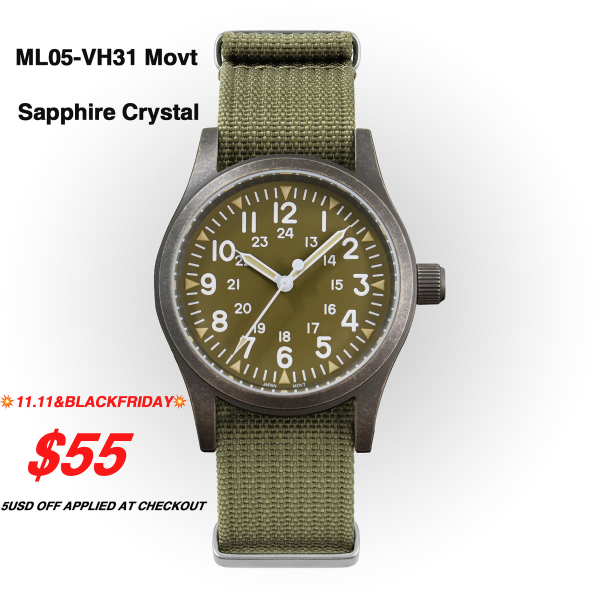 💥11.11&BlackFriday💥Militado 38mm PVD Bronze Watch Military Watch ML05