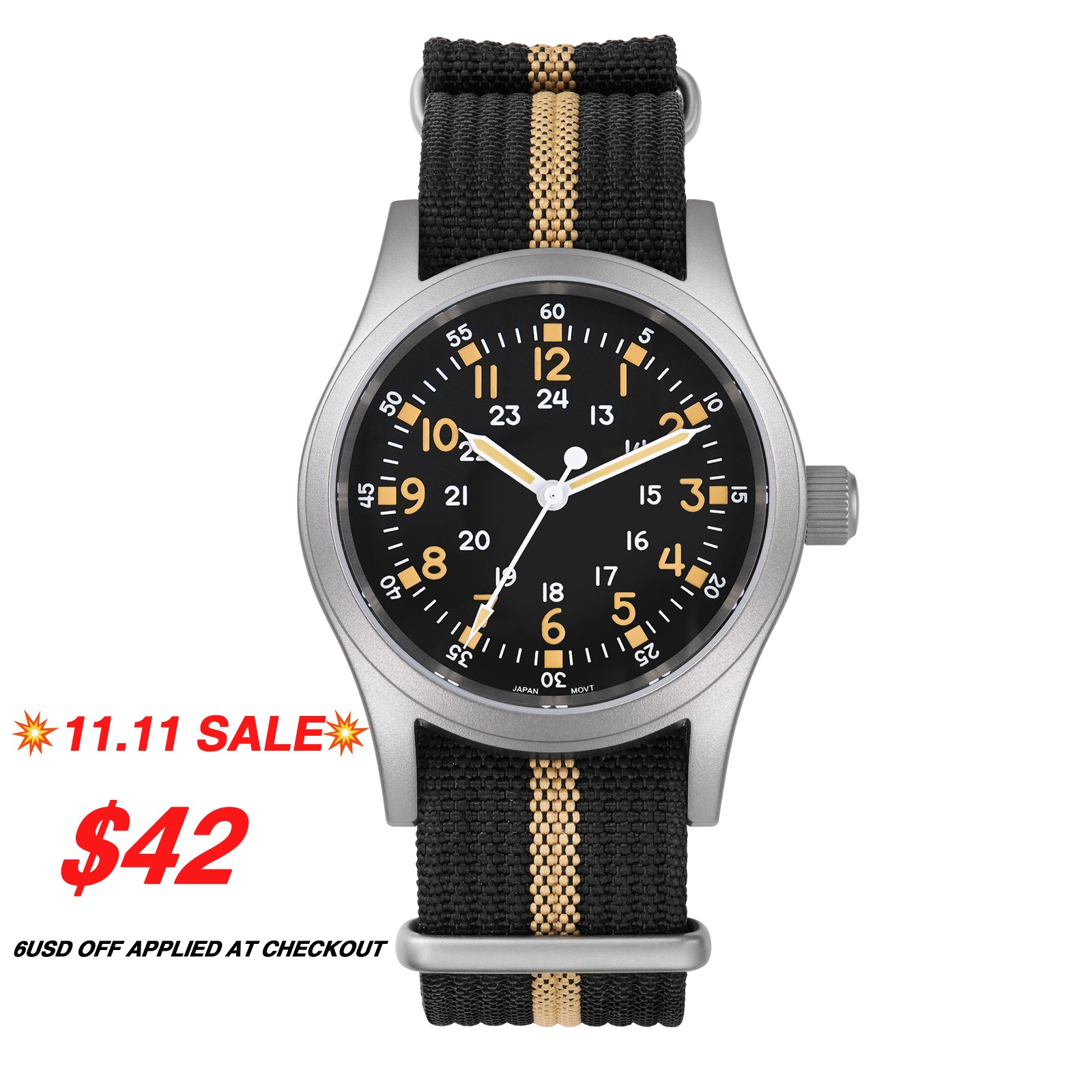 ★11.11 SALE★ Militado VH31 Vintage Field Watch ML05 24hours Black Dial