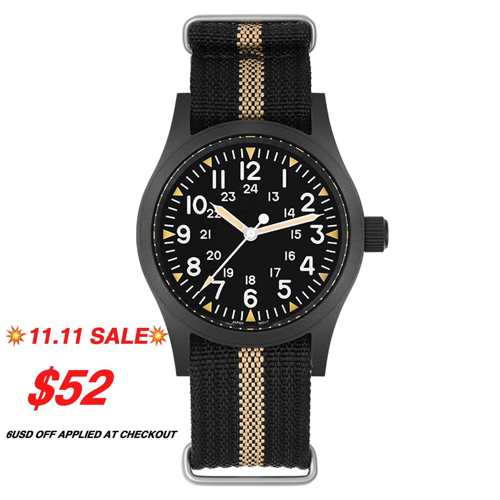 ★11.11 SALE★Militado VH31 Vintage Military Watch ML05 Black PVD