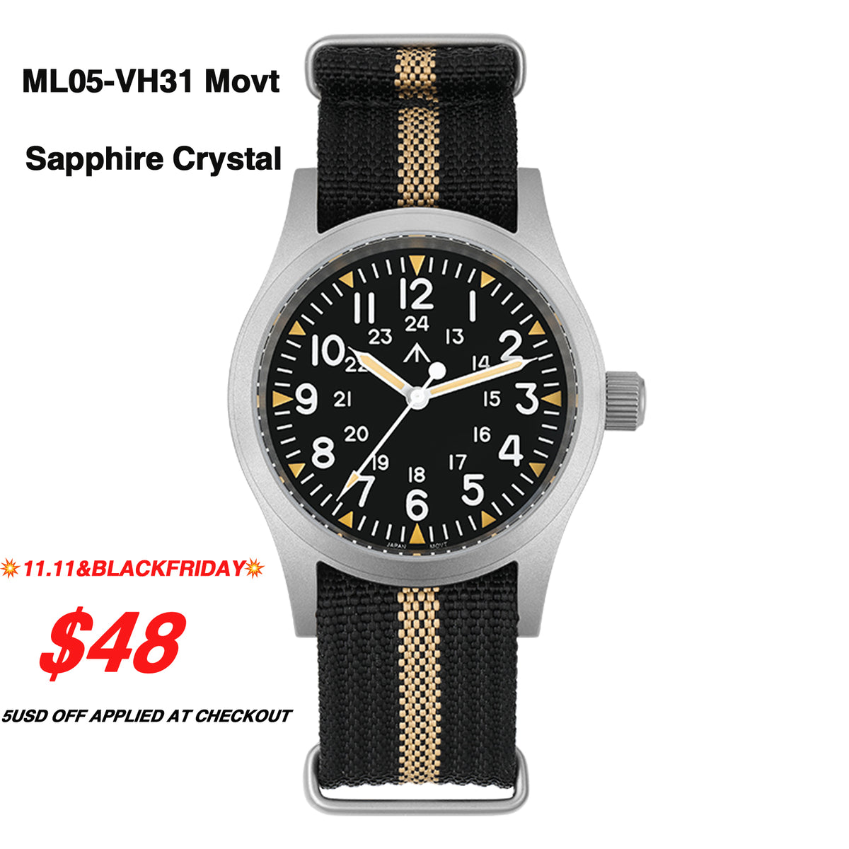 💥11.11&BlackFriday💥Militado 38mm Sapphire Crystal Field Military Watch ML05