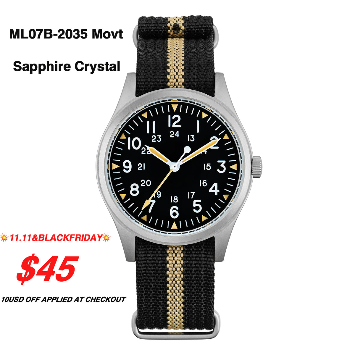 💥11.11&BlackFriday💥Militado 36mm Sapphire Crystal Field Watch 2035 Movt ML07B