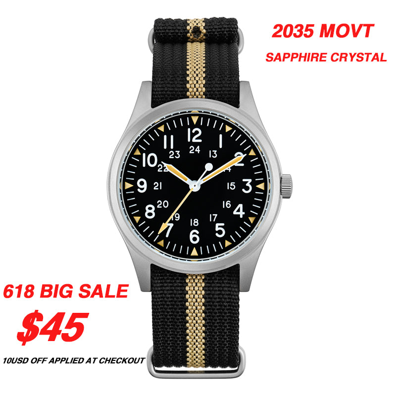 ★618 Big Sale★Militado 36mm Sapphire Crystal Field Watch 2035 Movt ML07B