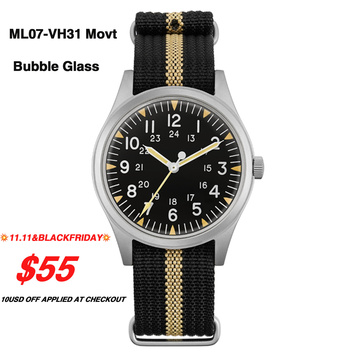 💥11.11&BlackFriday💥Militado 36mm High Domed VH31 Field Watch ML07