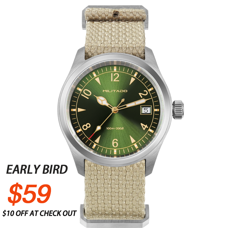 Militado 38mm Sapphire Crystal Field Watch ML08 Green Dial