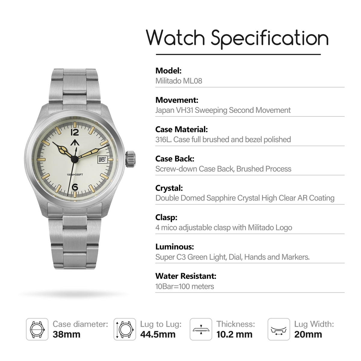 💥New Released💥Militado 38mm Field Watch Ronda 515 Movt Watch ML08