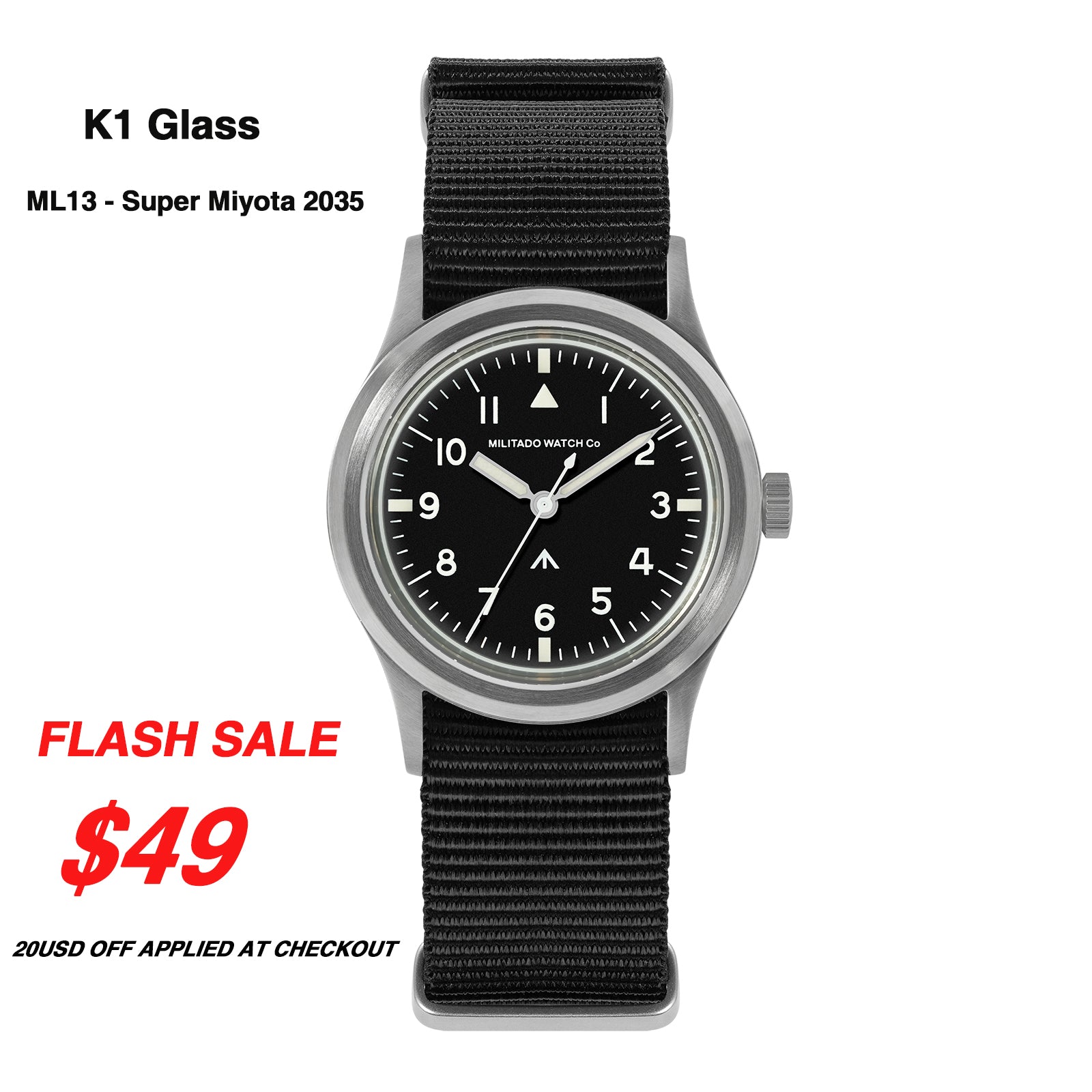 ★Flash Sale★ Militado 36mm Retro Military Watch Super 2035 Movt ML13