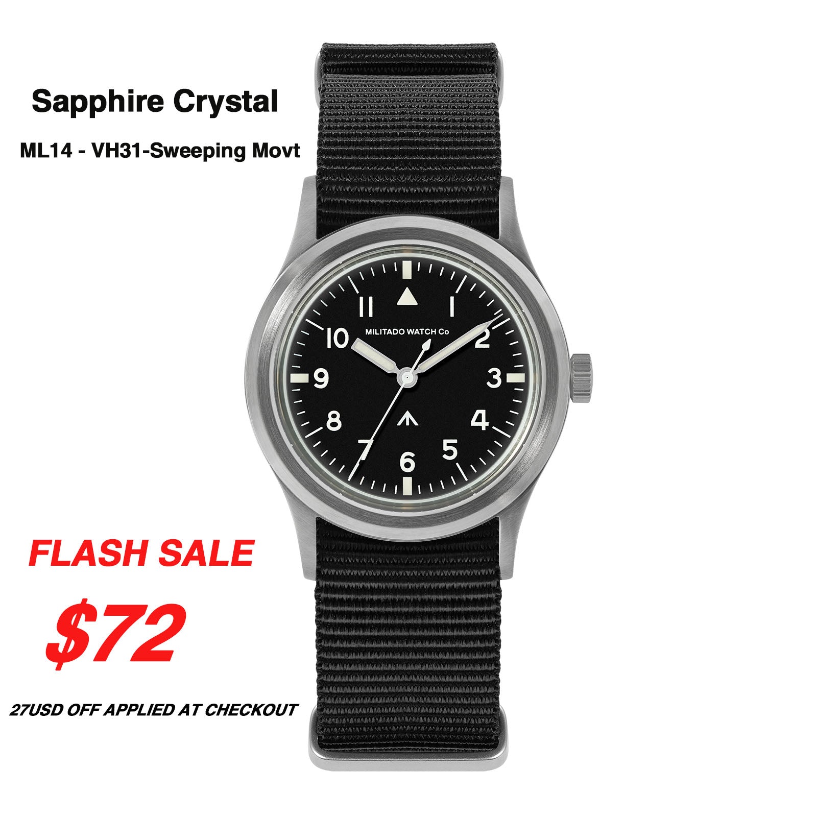 Militado 36mm Retro Military Watch VH31/VH65 Sweeping Hand ML14 V2