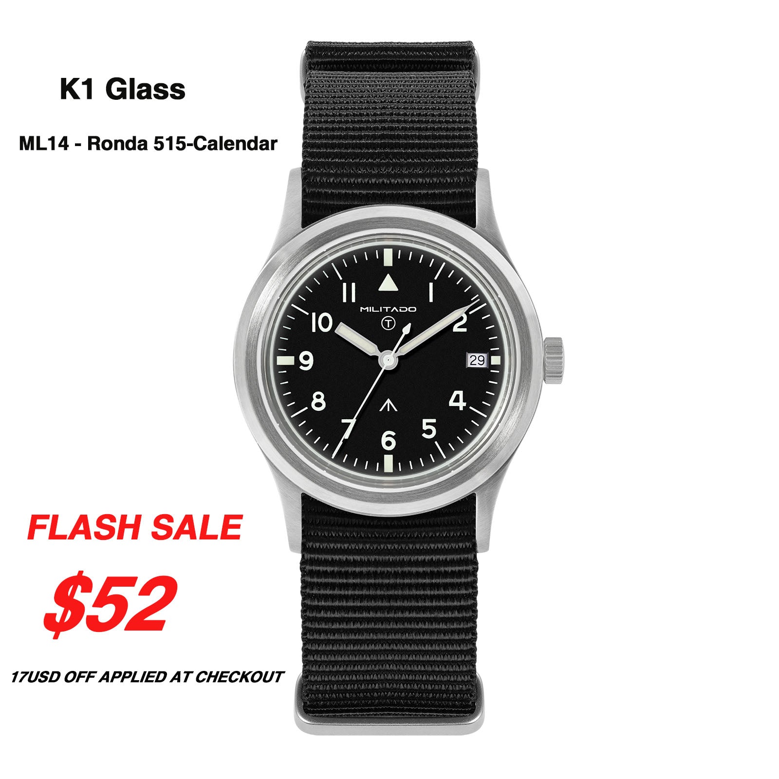 Militado 36mm Retro Military Watch VH31/VH65 Sweeping Hand ML14 V2