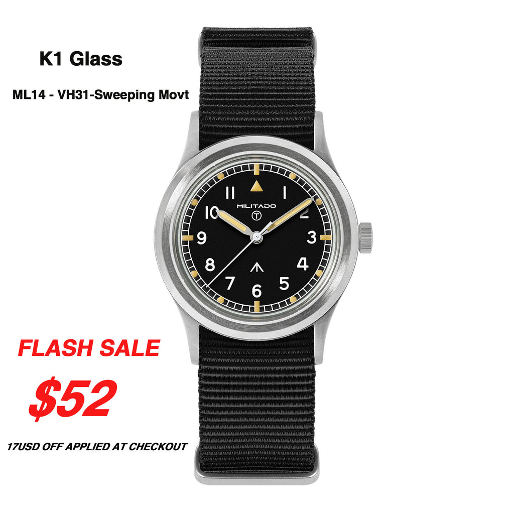 Militado 36mm Field Watch VH31 Sweeping Movt D12 Dial ML15