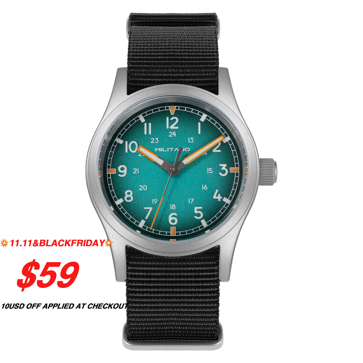 💥11.11&BlackFriday💥Militado 38mm Military Watch VH31 Sweeping Hand Movt Watch ML24