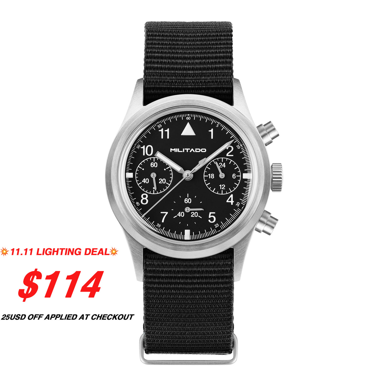 💥11.11&BlackFriday💥Militado 36.5mm Chronograph Watch VK63 Vintage Military Watch ML26