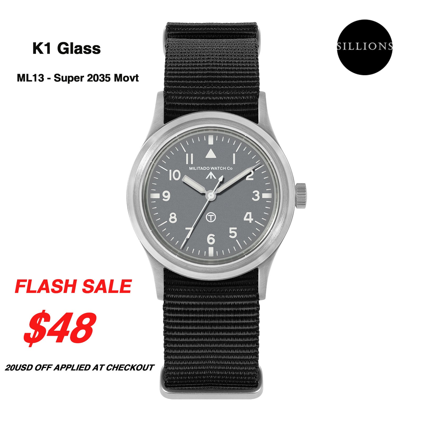 Militado 36mm Retro Military Watch VH31/VH65 Sweeping Hand ML14 V2