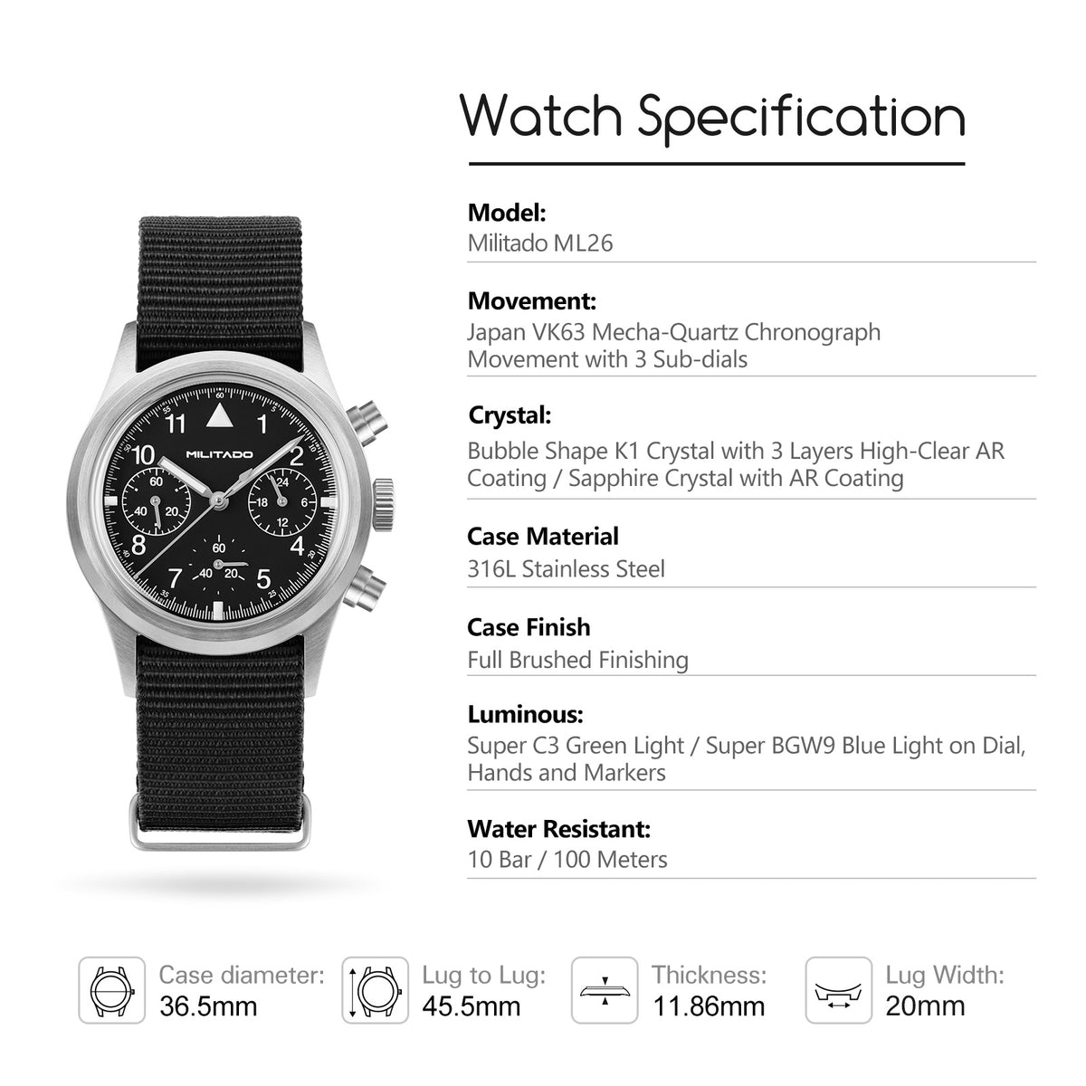 💥New Arrival💥Militado 36.5mm Chronograph Watch VK63 Vintage Military Watch ML26