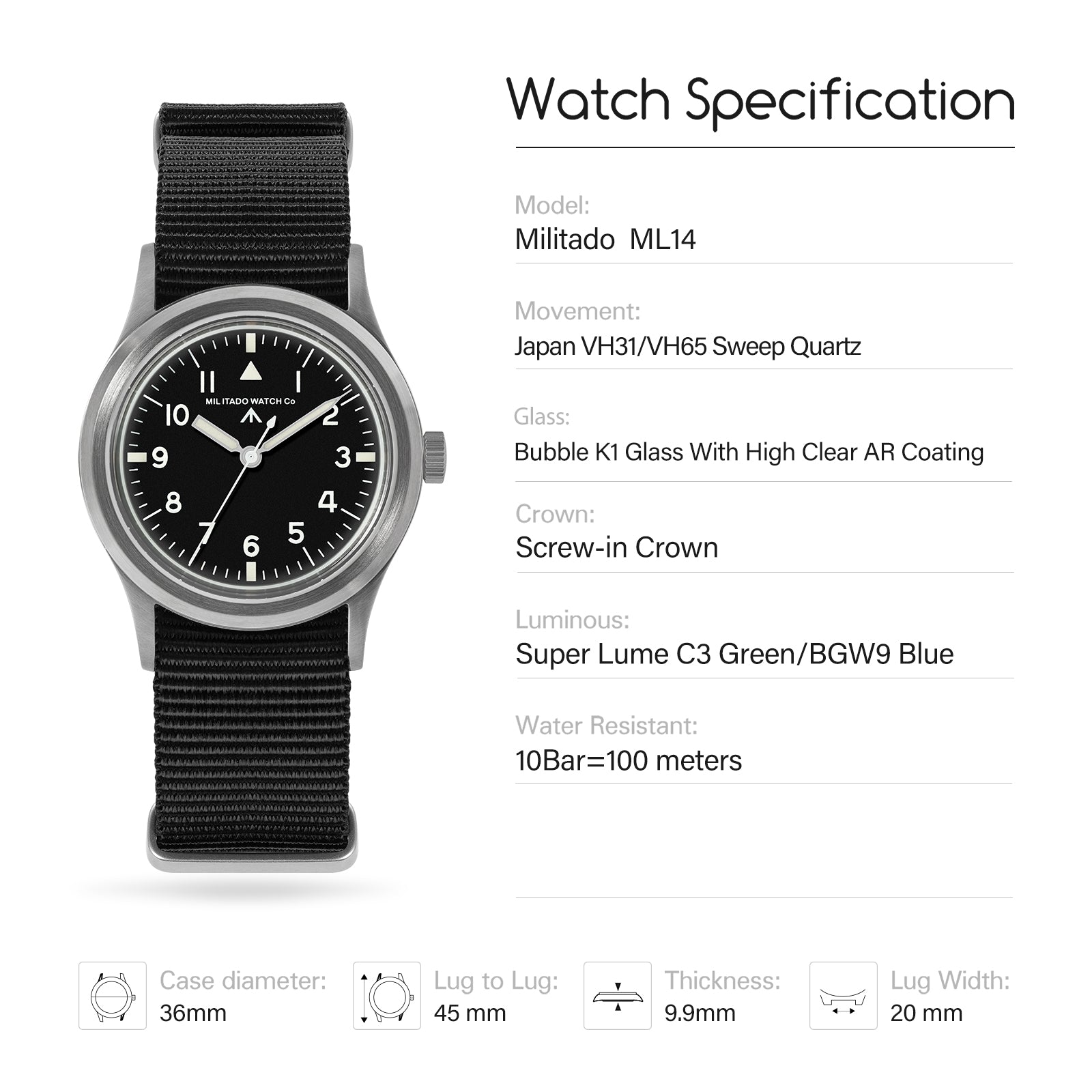 ★618 Big Sale★ Militado 36mm Sapphire Crystal Retro Military Watch VH31/VH65 ML14
