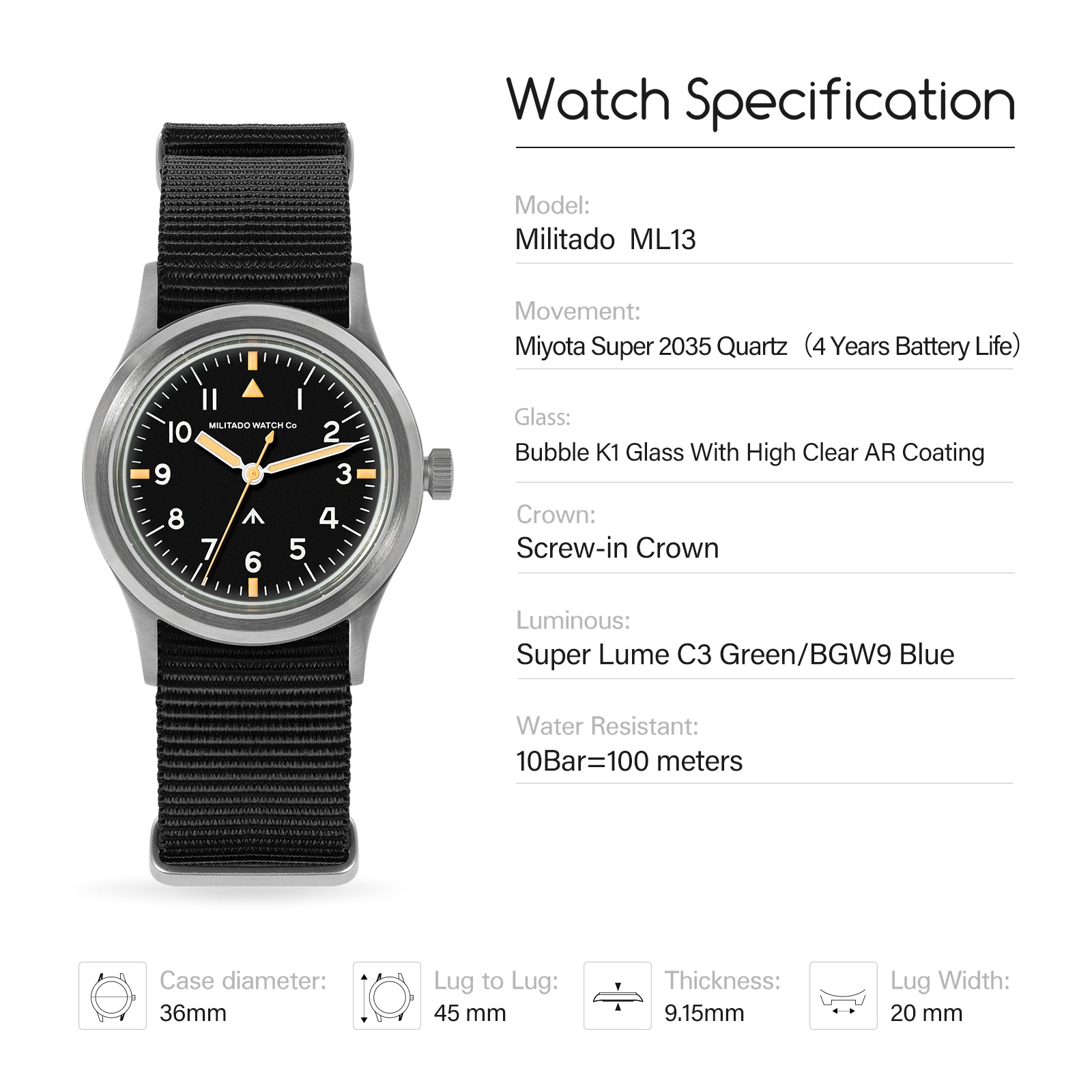 militado ML-13 ミリタリーウォッチ ☆618 Big Sale☆ Militado 36mm Retro Military Watch Super