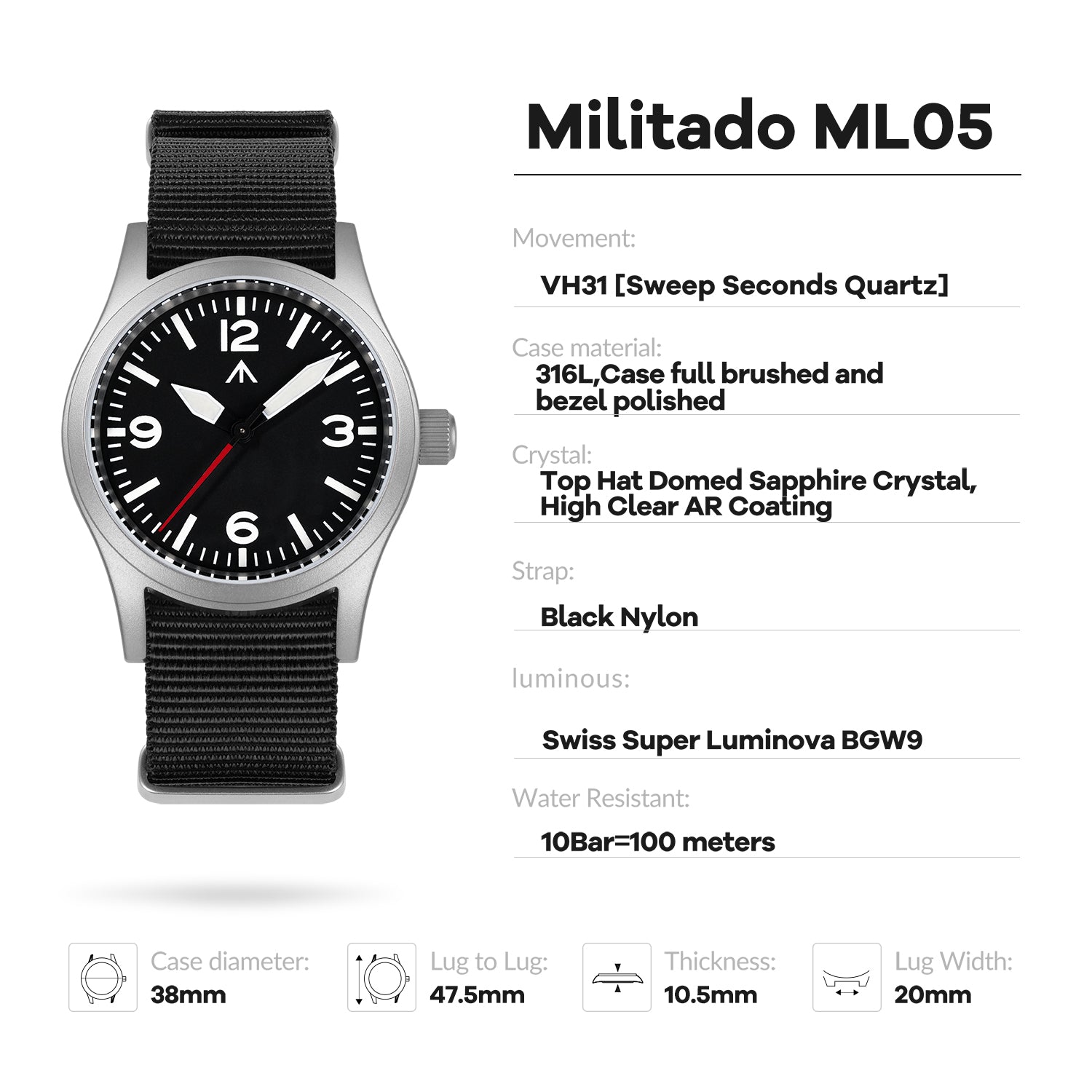 ★★11.11 SALE★★Militado 38mm Field Watch ML05 369 Dial