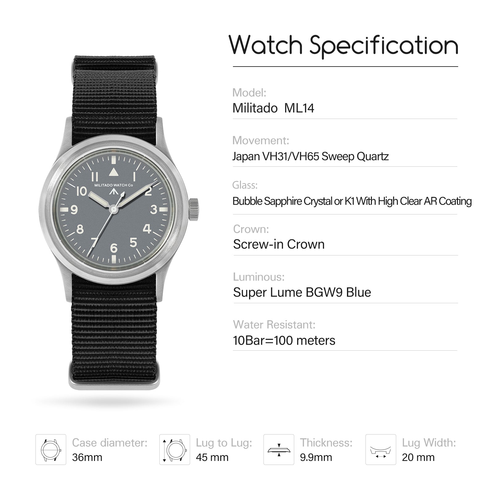 ★618 Big Sale★ Militado 36mm Sapphire Crystal Retro Military Watch VH31/VH65 ML14