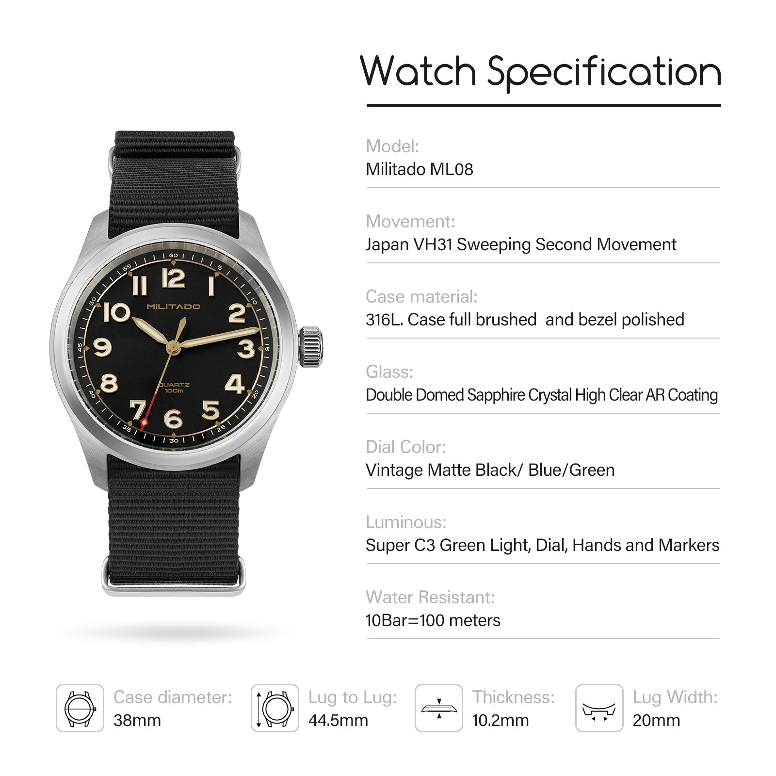 💥Mid-Year Sale💥Militado 38mm Military Watch Vintage Field Watch 369 Dial ML08